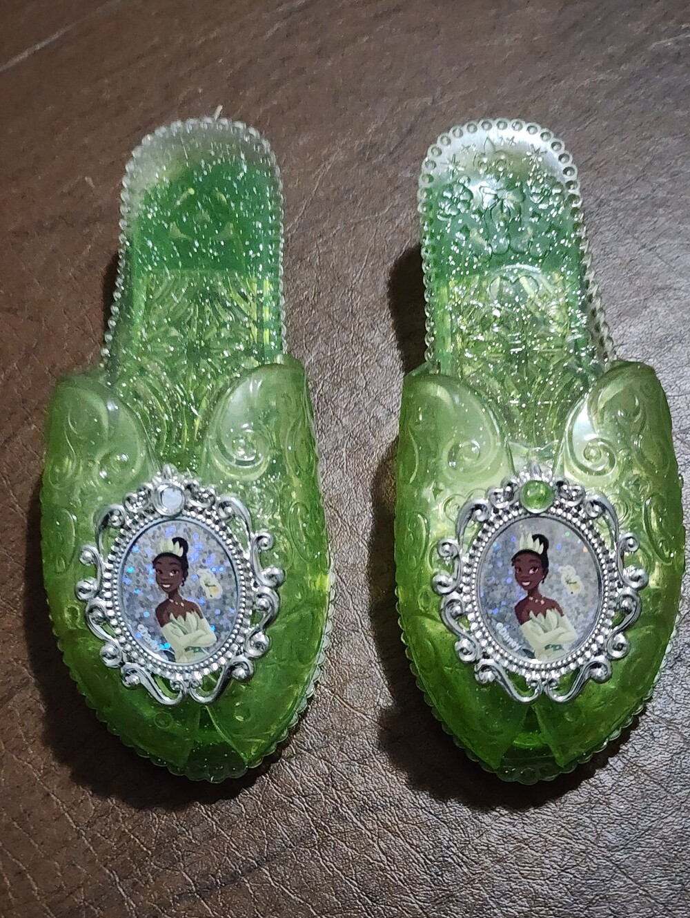 Green Jelly Princess Slippers with Portrait Medallions - Picture 1 of 9